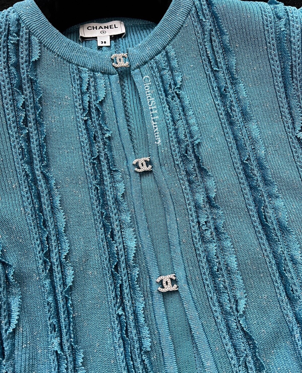 Auth Chanel 23P Pearl CC Viscose Blue Cardigan P74585 - Size
