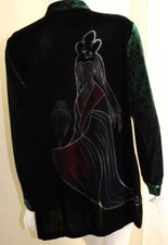 Look East Sz M Spectacular Green Velvet Black Geisha Asian Burnout Jacket Top