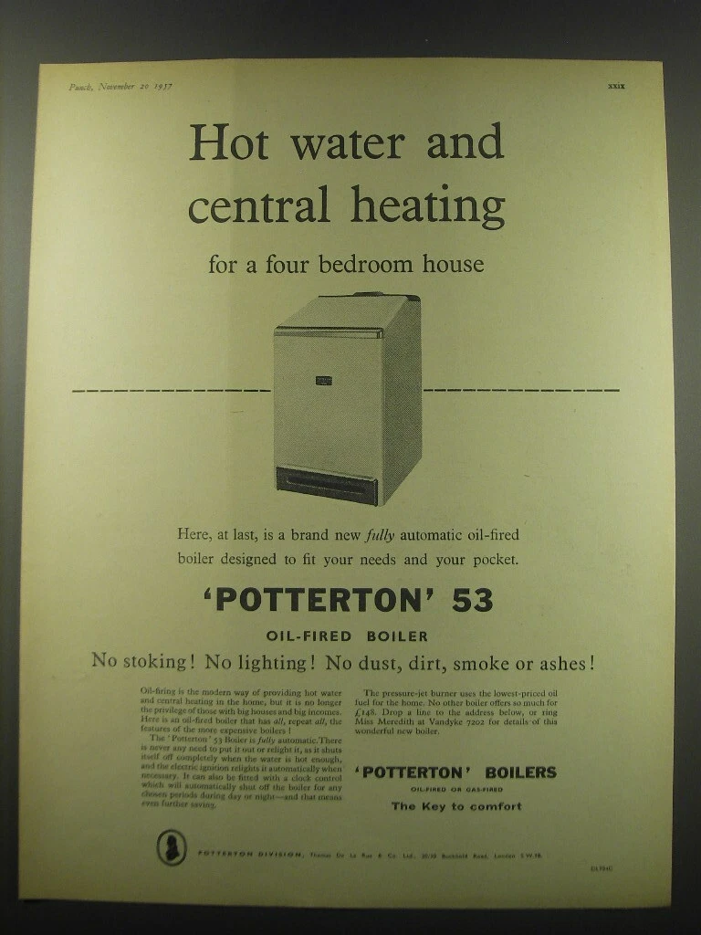 1957 Potterton 53 Oil-Fired Boiler Ad - Hot water and central heating | eBay