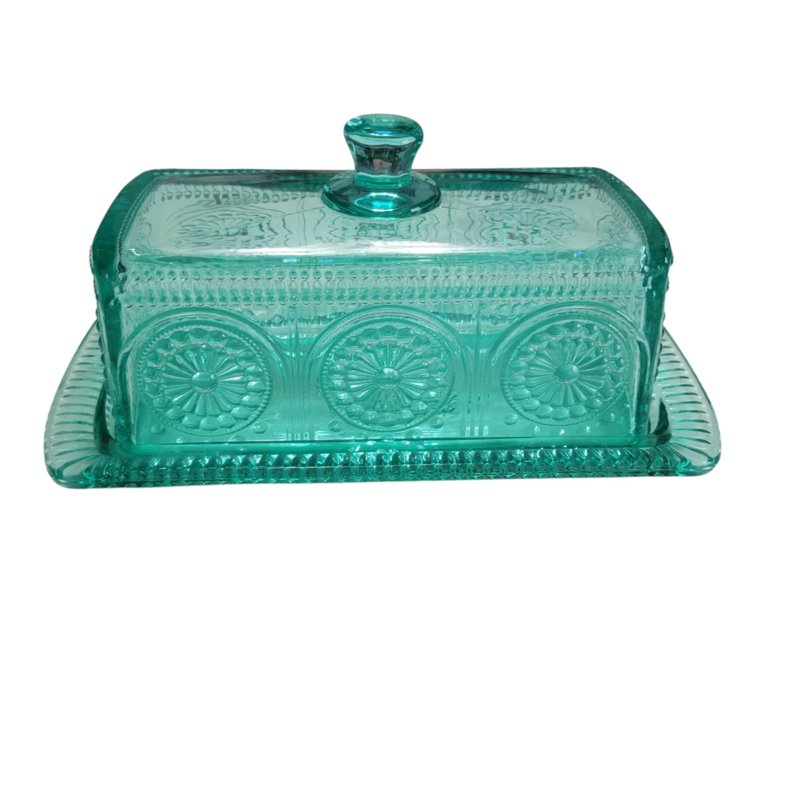 The PIONEER WOMAN ADELINE TEAL EMBOSSED GLASS COVERED BUTTER DISH