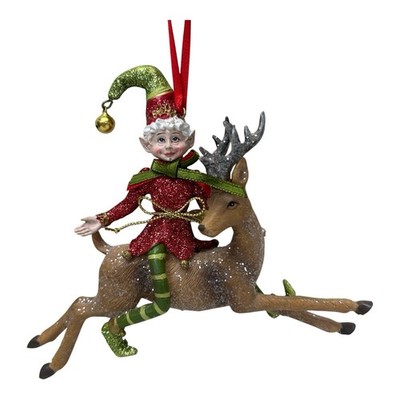 Raz Imports ELF Riding Reindeer 5.5'' Glittered Ornament Jingle Bell HTF