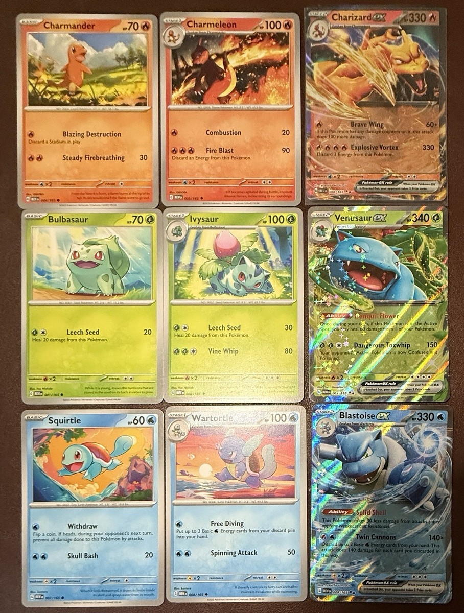 151 Kanto Starter Trio (9) Card Lot - Charizard, Blastoise