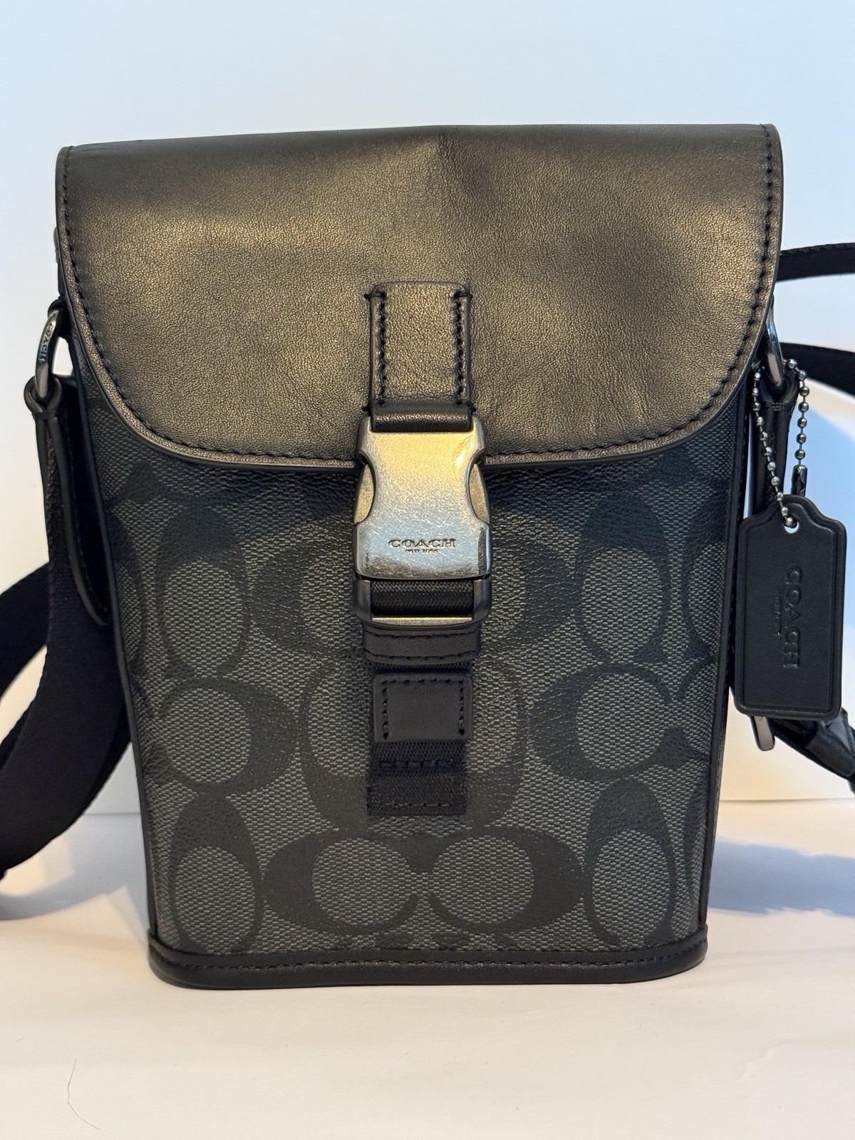 COACH : Coach Track Small Flap Crossbody In Signature Canvas / C3134 / CHARCOAL