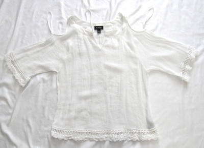 Vtg 90s A. BYER White Boho Chic Cold Shoulder Top Eyelet Lace Sz L Peasant Sheer