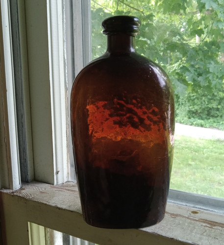 1860s RED AMBER STODDARD CUP BASE PINT SIDE SEAM FLASK WHITTLED GLASS DRIPPY LIP