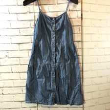 Tu Denim Dress Button Front Tiered Smock Cami Straps Midi Blue Summer Casual