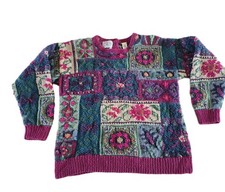Womens 90s Vintage Hand Knit Sweater Multicolor Patchwork