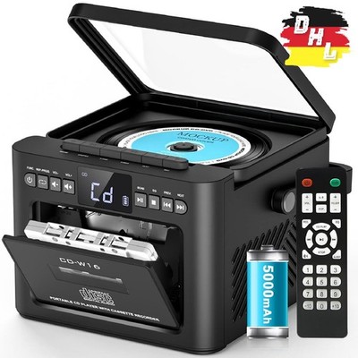 CD Player Tragbar, Boombox Kassettenspieler mit UKW Radio, Bluetooth 5000mAh LCD