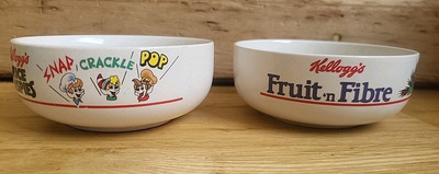 2 Vintage Kelloggs Rice Krispies, Fruit N Fibre Müslischale, 1987. Snap Crackle 