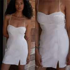 NWT Oak+Fork Linen Blend Elegant Ivory Strappy Mini Dress Size 4