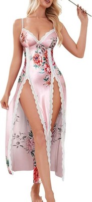 Foxiny Sexy Side Split Long Lace Sheer Lingerie Dress V Neck Night Gowns with Th