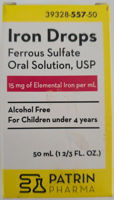 Patrin Pharma Iron Drops Ferrous Sulfate Oral Solution 50 mL 1 2/3 fl oz. 11/26