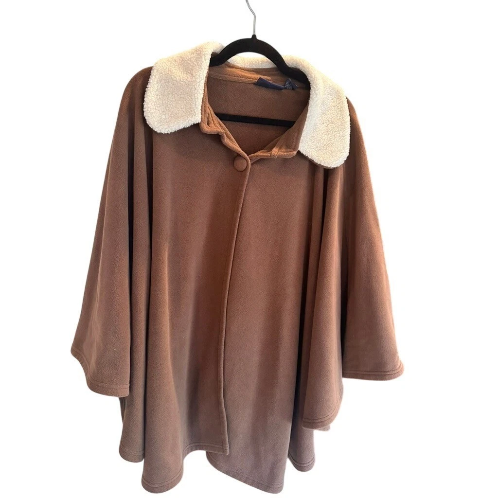 CB Casual Brown Fleece Poncho Wrap Sherpa Collar One Size Button Front Womens