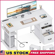 Reversible Computer Desk W/ Power Outlets USB Ports Fabric Storage Drawers