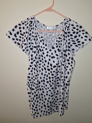 Simple Fun Flutter Sleeve black dot Print Blouse M #0032