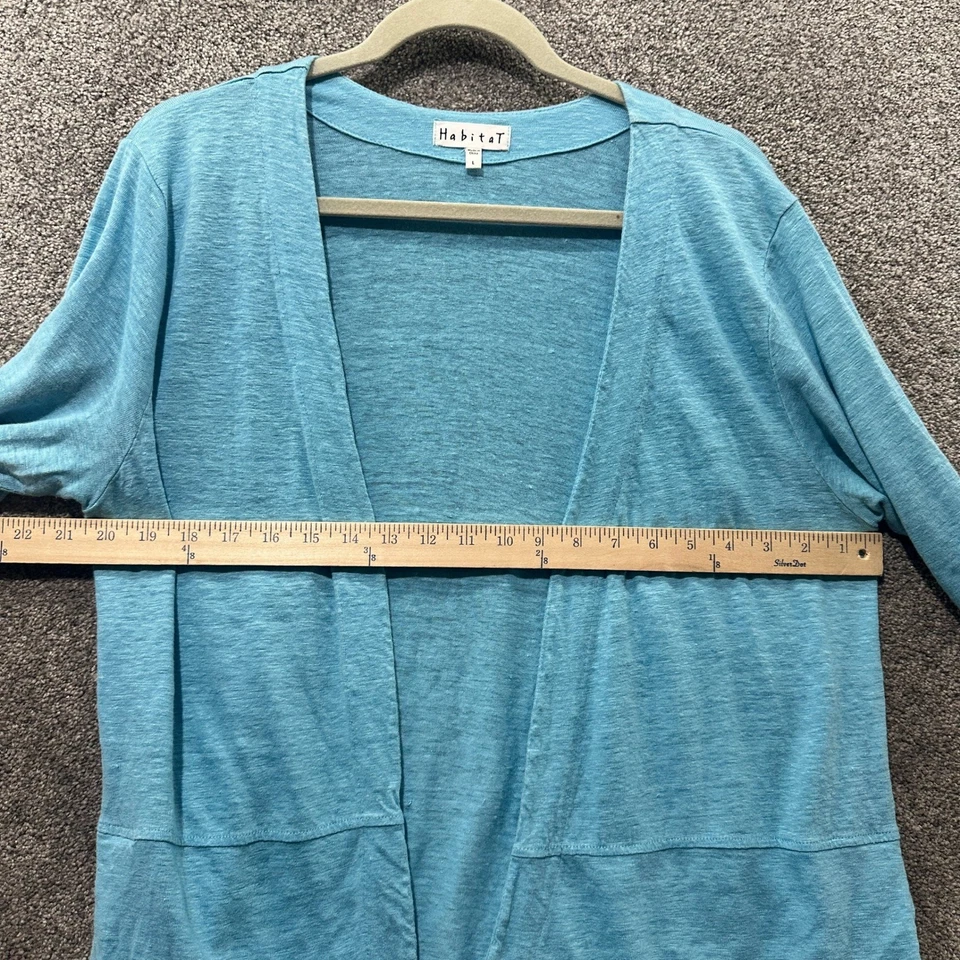 Cárdigan Suéter Habitat Mujer Grande Azul 100% Lino Bolsillos Frente Abierto Playa Foto 4 de 4