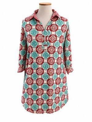 Dizzy Lizzie  Tizzie  Dress Vail Tunic Aqua Red White Medallion Resort Boho Sz M