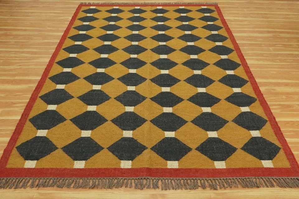 Alfombra grande de yute de lana alfombra 7x10 Kilim - amarillo negro lana natural yute mano Foto 4 de 4