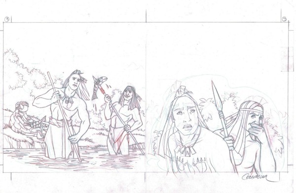 Disney Pocahontas - Dibujo de Producción Original - Doble Página - Firmado Cardona
