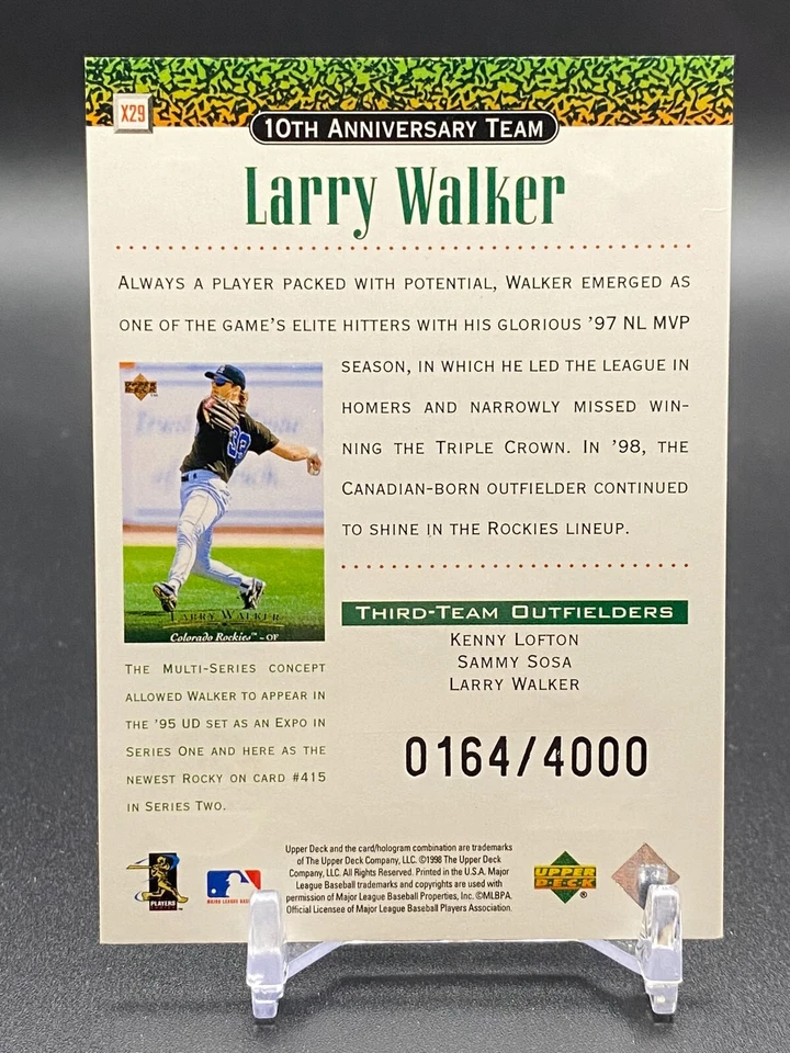 1998 Upper Deck 10th Anniversary X29 Larry Walker /4000 Rockies Baseball Card - Image 2 of 2