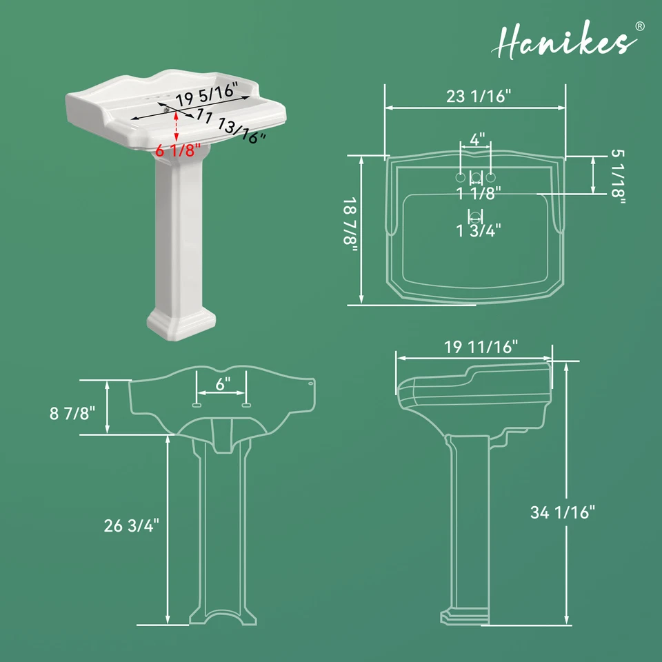 Fregadero de baño con pedestal de porcelana vítreo rectangular blanco de 35,4 pulgadas de alto con desbordamiento Foto 3 de 4