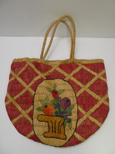 VINTAGE 1950s WOVEN CANE RAFFIA HANDBAG CARRY BASKET BAG FLOWERS MID CENTURY