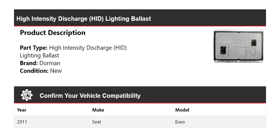 Balastro de iluminación Seat Exeo Dorman 2011 descarga de alta intensidad (HID) Foto 2 de 4