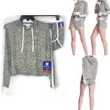 Champion Hacci Hooded Top  Shorts Pajama Sleep Set Olive Animal Size M New