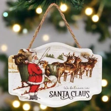 Primitive Christmas 6" We Believe in Santa Claus Vintage Embossed Metal Hanger