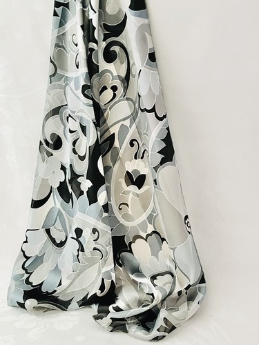 Vintage Silver / White & Black Art Deco Floral Scarf 150cm x 35cm - Picture 5 of 7