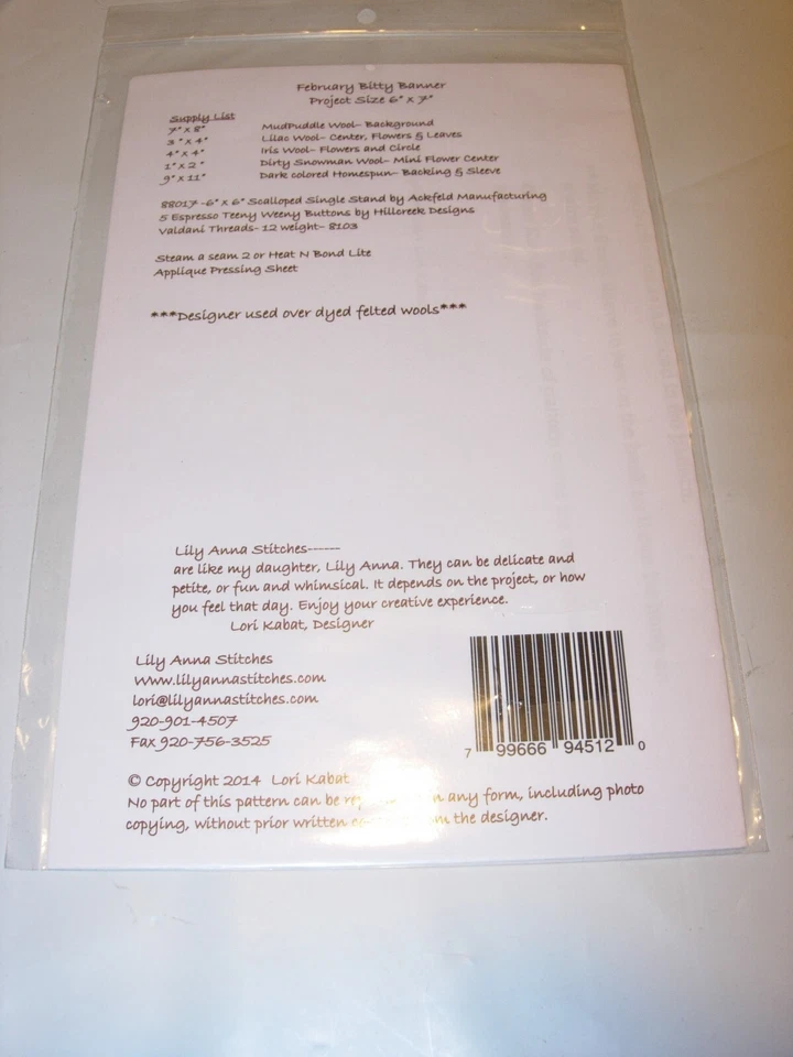 CRAFTS UNCUT SEWING PATTERN EMBROIDERY LILY ANNA STITCHERY FEBRUARY BANNER 6X7 - Image 2 of 3