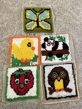 Vtg 5 Latch Hook Rug Wall Hangings Panda, Owl, Butterfly, Chick, Strawberry 12  