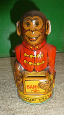 Vintage 1940s Chein Tin Litho Metal Monkey Bank 5" Tall