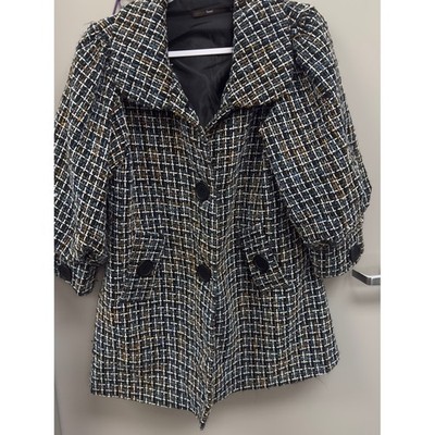 Anthropologie Azel Hazel Hazel Haze Black, White & Gold Plaid Tweed Pea Coat