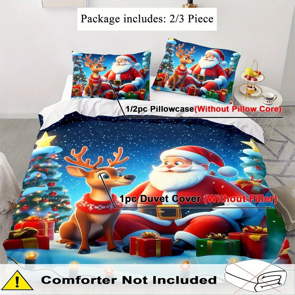 Juego de funda nórdica de edredón de reno de Papá Noel funda de almohada doble decoración completa Queen King Foto 3 de 4