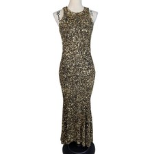 Theia Gold Sequin Gown Size 4 Black Gold Sleeveless Mermaid Maxi Dress
