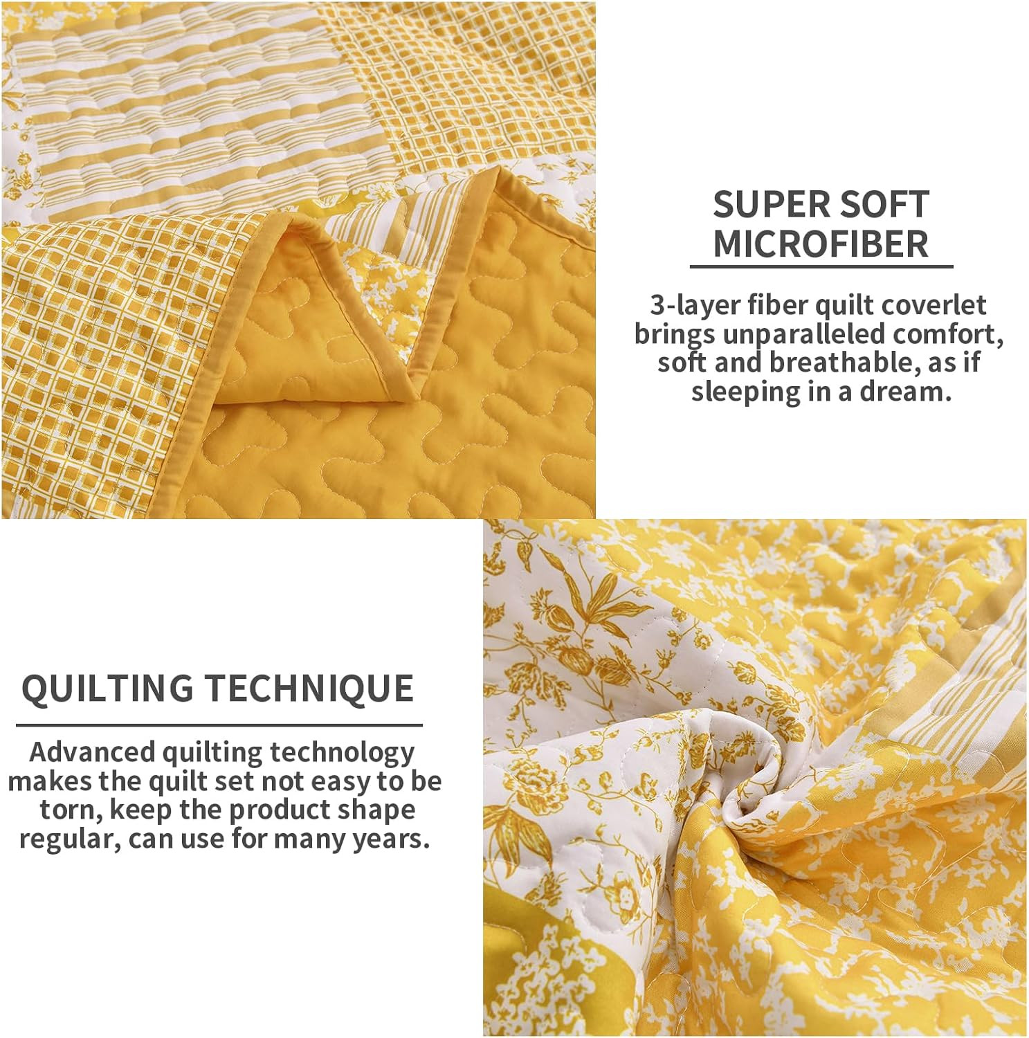 Yellow Boho Quilt Set King Size,3 Pieces Plaid Floral Bedspread Coverlet Set Sum
