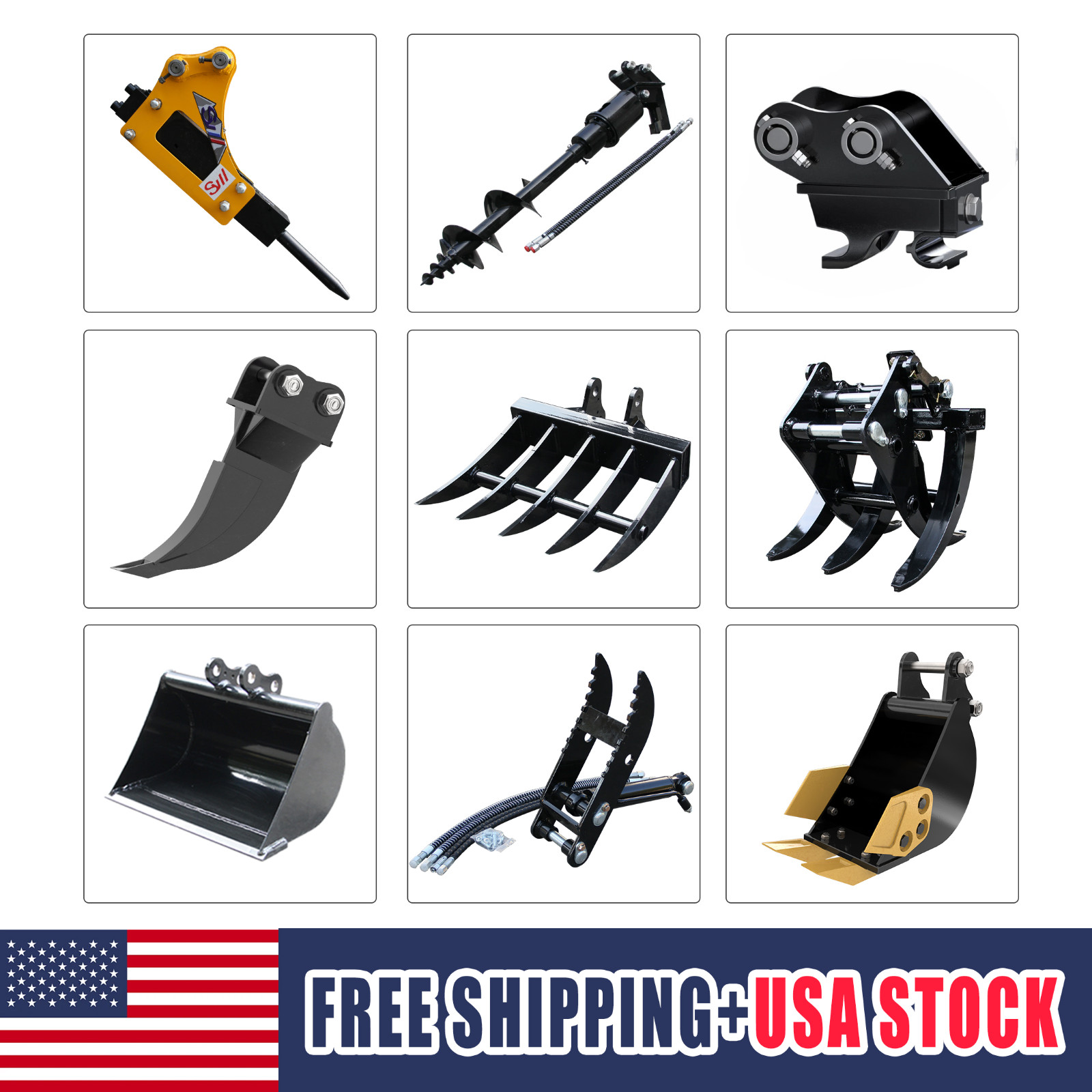 Mini Excavator Attachments 9-in-1 Set, Ripper, Rake, Auger, Bucket, Thumb,Quick