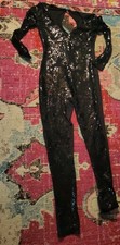 Womens Small black sequin bodysuit dance Halloween cosplay club festival party