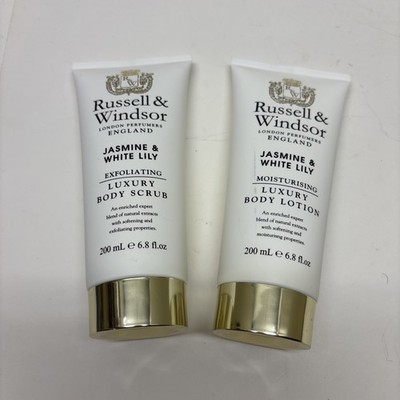 Russell & Windsor Lot of 2 Jasmine & White Lily Luxury Hand Cream Body Scrub 6.8
