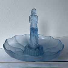  Art Deco Frosted Blue Glass Seated Naked Lady with bowl Sowerby - damaged