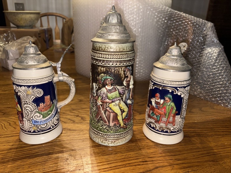 Vtg German Beer Steins By Gerz  Set of 3 Ceramic, Pewter Lids, Made in Germany