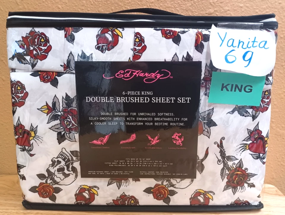 Juego de sábanas Ed Hardy negras/blancas con estampado de calaveras/rosas rojas con 4 fundas de almohada Foto 2 de 3