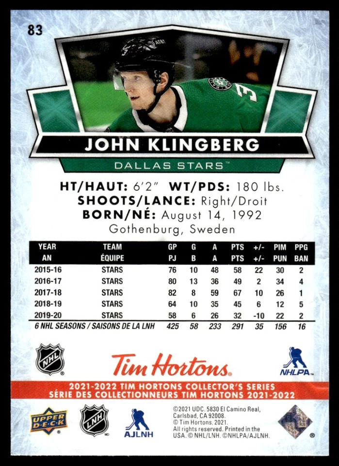2021 Upper Deck Tim Hortons #83 John Klingberg - Dallas Stars - Image 2 of 2