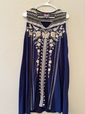 Johnny Was Black Navy Blue Embroidered Boho Sheath Dress Size L