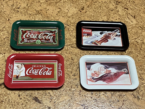Set of 4 Vintage COCA-COLA Mini Metal Trays 6 x 4 inch Retro Old-Timey Ads
