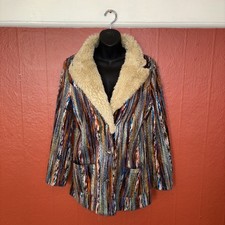 MINKPINK Womens Small Multicolor Woven Jacket Coat Boho Stripes Faux Fur Collar