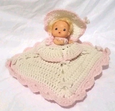 Crochet Doll Square Pillow Pink Dress Pink White Blonde Hair Bonnet Vintage