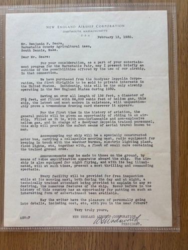 1930 NEW ENGLAND AIRSHIP CORPORATION DARTMOUTH MA. LETTERHEAD GOODYEAR ZEPPELIN