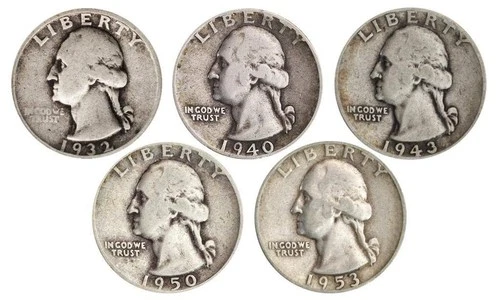 90% Silver quarters:  $1 Face Value; 30's,40's,50's,60's, Dates 90% Ag
